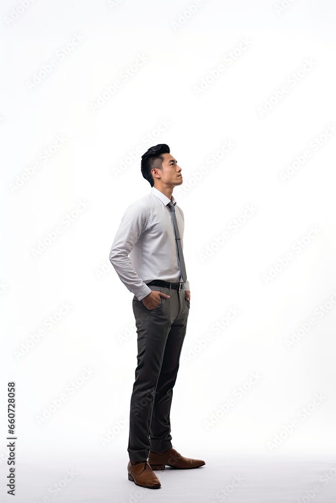 Full body portrait side view man standing and thinking isolated over white background. Full body portrait side view man standing and thinking isolated over white background.
