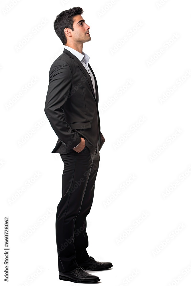 Full body portrait side view man standing and thinking isolated over white background. Full body portrait side view man standing and thinking isolated over white background.