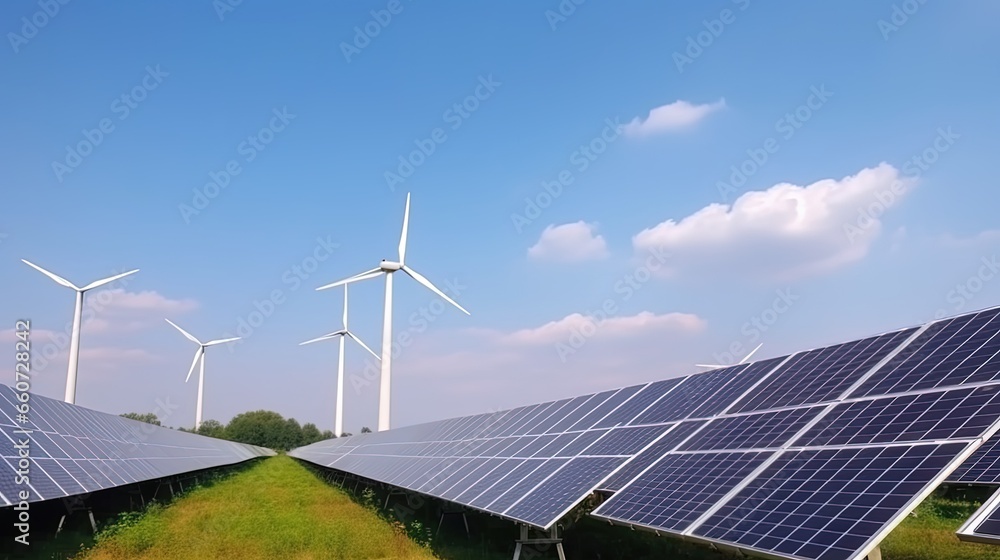 solar panels and wind turbines generating electricity in power station ...