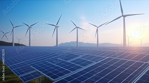 solar panels and wind turbines generating electricity in power station green energy renewable with blue sky background photo