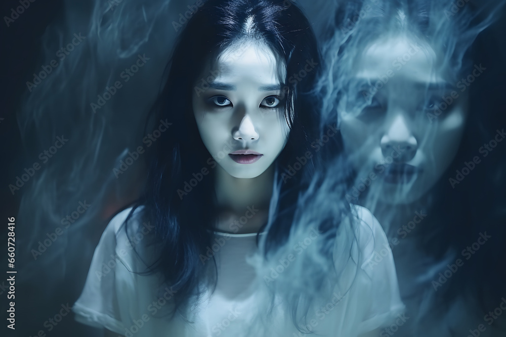 ortrait of asian woman make up ghost,Scary horror scene for background,Halloween festival concept,Ghost movies poster ortrait of asian woman make up ghost,Scary horror scene for background,Halloween festival concept,Ghost movies poster