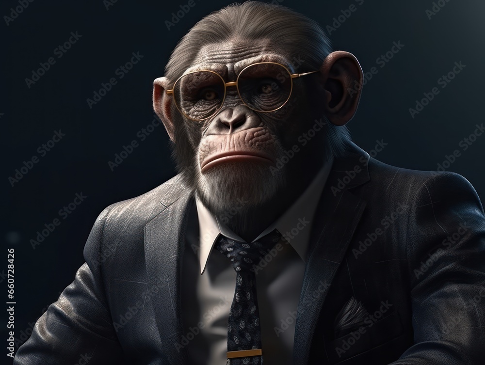 Ape dressed in a business suit and wearing glasses Ape dressed in a business suit and wearing glasses
