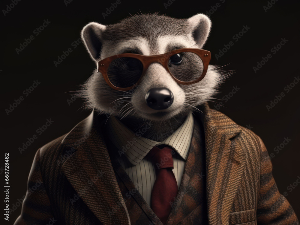 Badger dressed in a business suit and wearing glasses