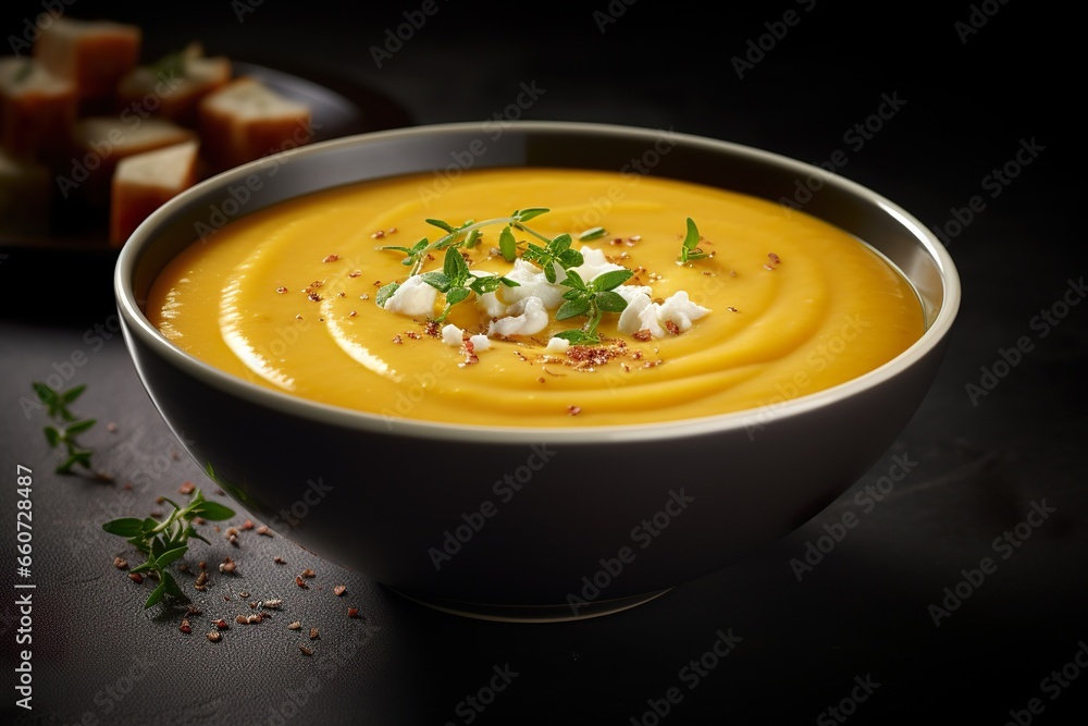Butternut Squash Soup, top shot, food commercial imagery Butternut Squash Soup, top shot, food commercial imagery
