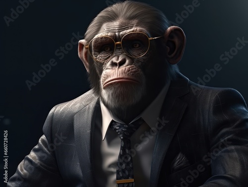 Ape dressed in a business suit and wearing glasses