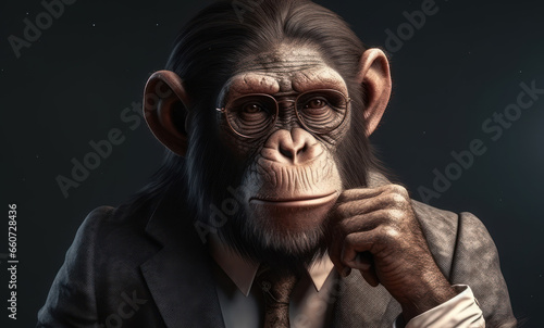 Ape dressed in a business suit and wearing glasses