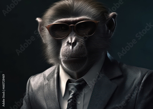 Baboon dressed in a business suit and wearing glasses