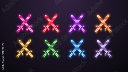 A set of neon sword icons for computer games and cyber sports in different colors blue, orange, yellow, green, red, white, purple and pink on a dark background. photo
