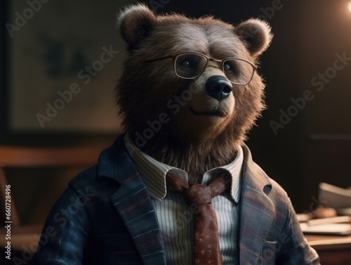 Bear dressed in a business suit and wearing glasses