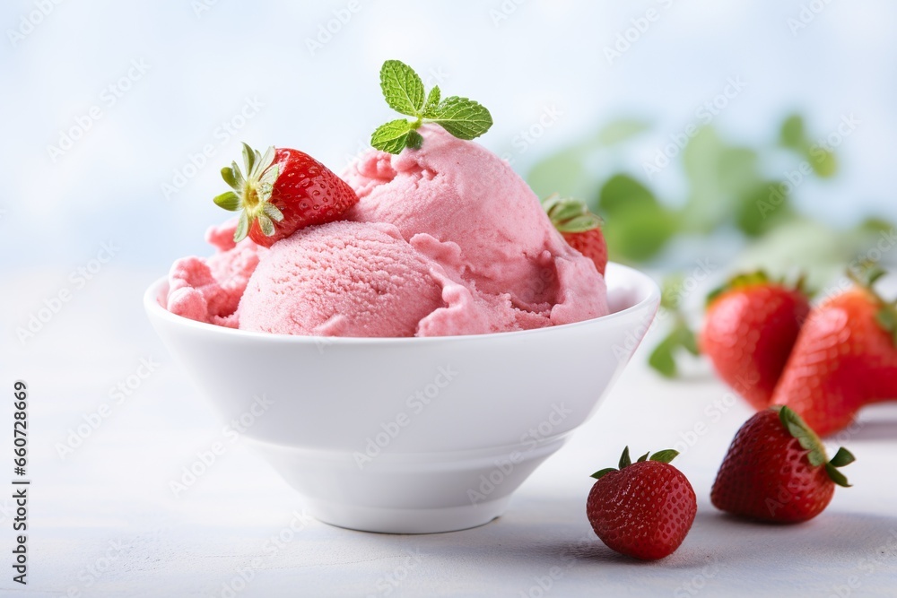 Bowl of homemade organic strawberry ice cream white background Bowl of homemade organic strawberry ice cream white background