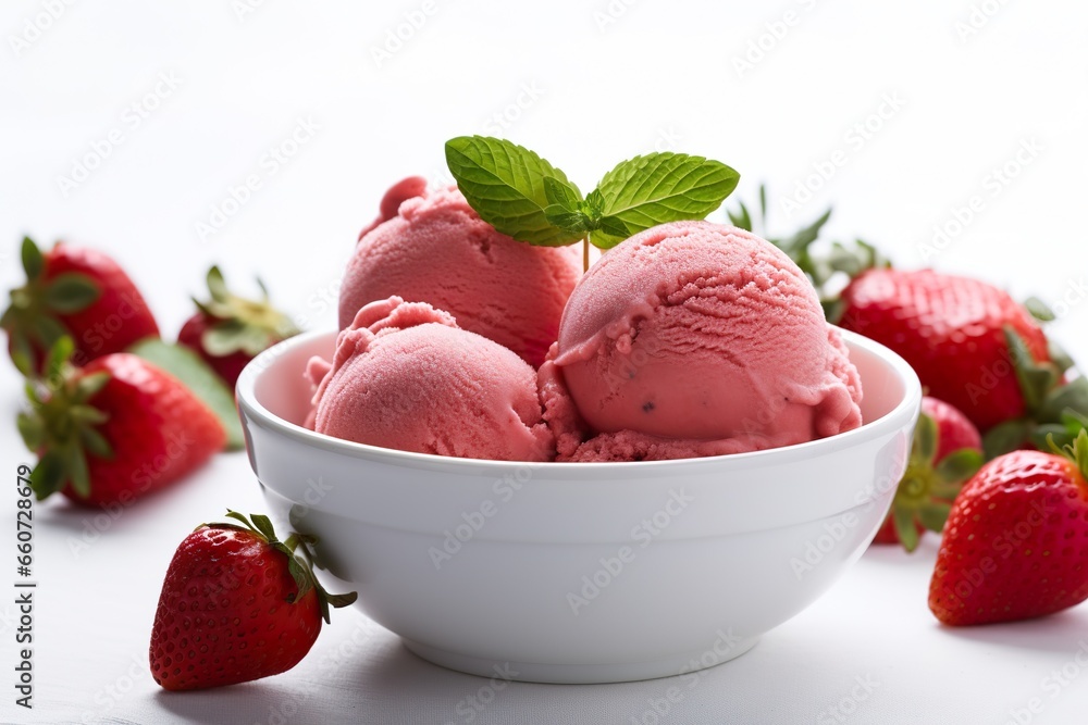 Bowl of homemade organic strawberry ice cream white background Bowl of homemade organic strawberry ice cream white background