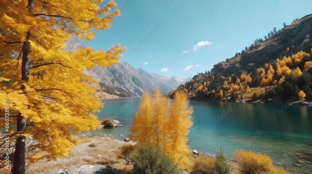 Sunny day in the Mountains. amazing view of the lake With autumn trees