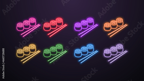 A set of neon icons with rolls and sticks in different colors, blue, green, orange, white, red, yellow, pink and purple on a dark background. Logo for sushi.