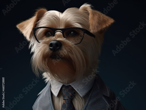 Dog dressed in a business suit and wearing glasses