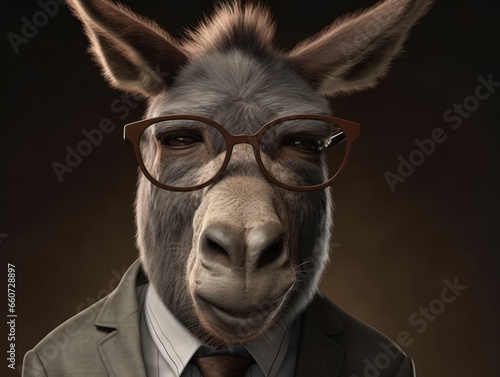 Donkey dressed in a business suit and wearing glasses