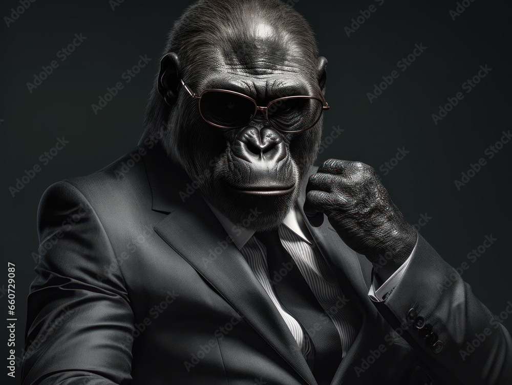 Gorilla dressed in a business suit and wearing glasses Gorilla dressed in a business suit and wearing glasses