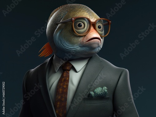 Fish dressed in a business suit and wearing glasses