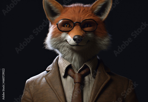 Fox dressed in a business suit and wearing glasses