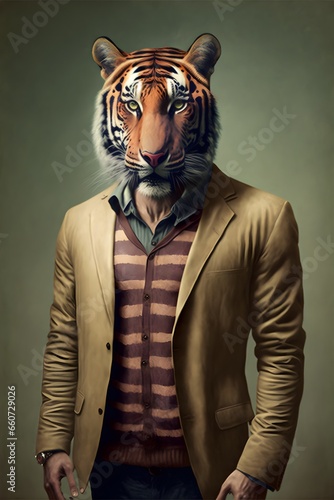 half man half tiger full body dressed in clothes Surreal Mammalian Hybrids creature ultrarealistic eyes from same source Matthew Grabelsky 