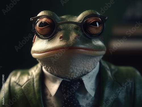 Frog dressed in a business suit and wearing glasses