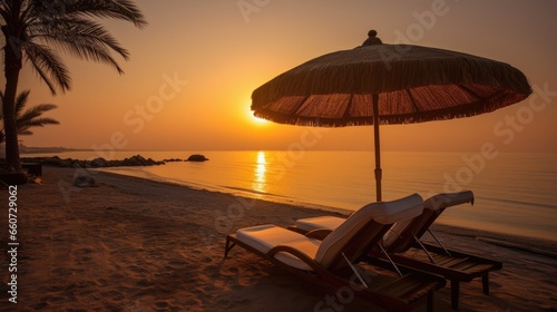 Sunset view  two sun loungers  umbrella under a palm tree