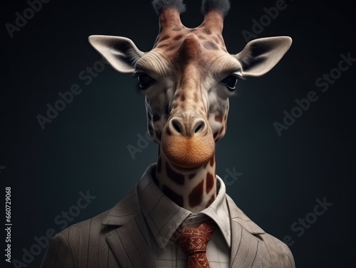 Giraffe dressed in a business suit and wearing glasses