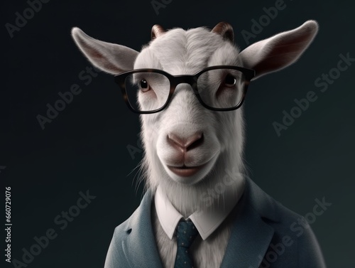 Goat dressed in a business suit and wearing glasses