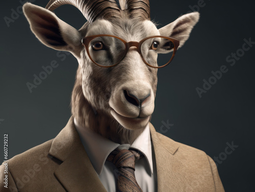 Ibex dressed in a business suit and wearing glasses