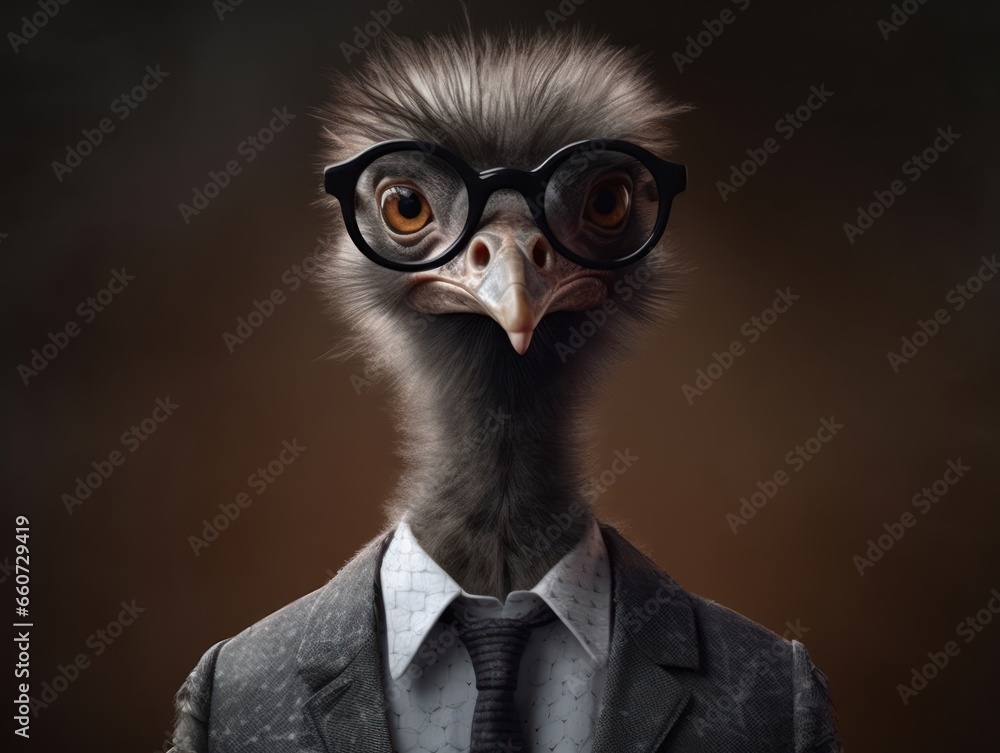 Ostrich dressed in a business suit and wearing glasses