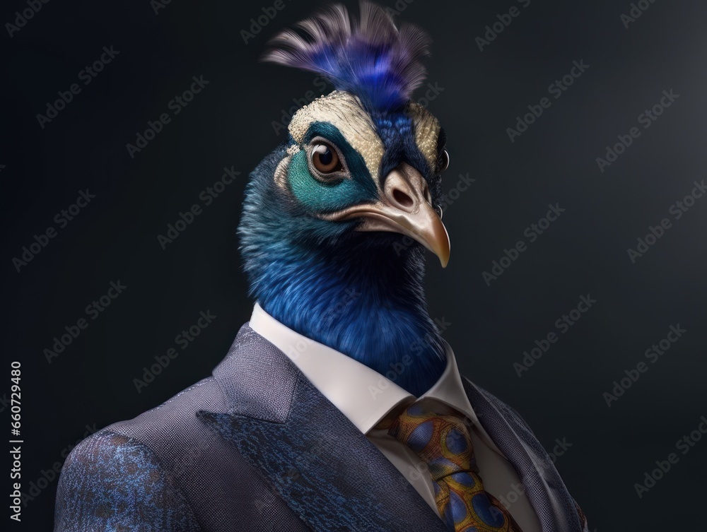 Peafowl dressed in a business suit and wearing glasses