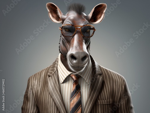 Okapi dressed in a business suit and wearing glasses