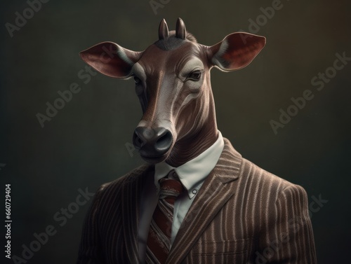 Okapi dressed in a business suit and wearing glasses