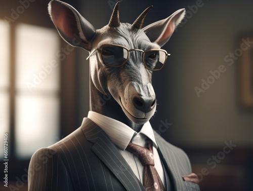 Okapi dressed in a business suit and wearing glasses