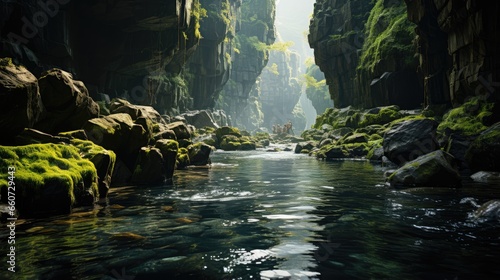 The flow of the waterfall can be seen from inside a rock cave on a green mossy mountain