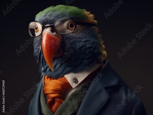 Parrot dressed in a business suit and wearing glasses