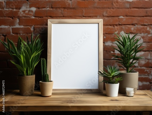 wooden frame mock up leaning against the wall beside plant and pot with brick exposed background © zanderdesk