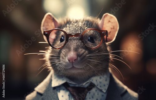 Rat dressed in a business suit and wearing glasses