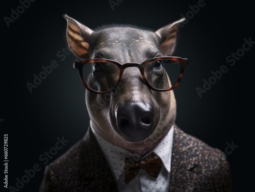 Tapir dressed in a business suit and wearing glasses