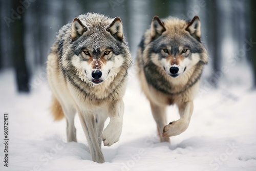 Two wolves walking together on snowy terrain. Generative AI
