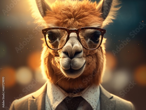 Vicuna dressed in a business suit and wearing glasses