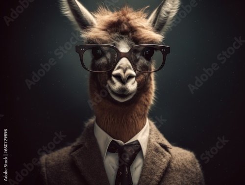 Vicuna dressed in a business suit and wearing glasses