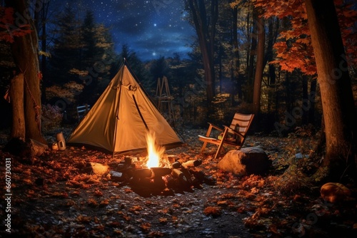 Nighttime autumn campfire and tent in mountain wilderness. Generative AI