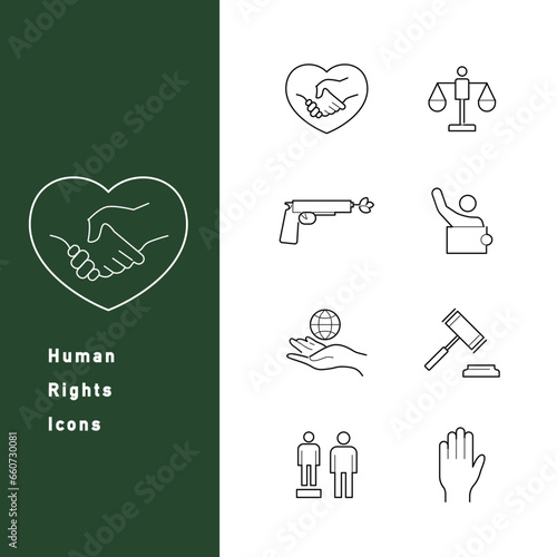 人権・平和・紛争解決に関する線画アイコンのセット