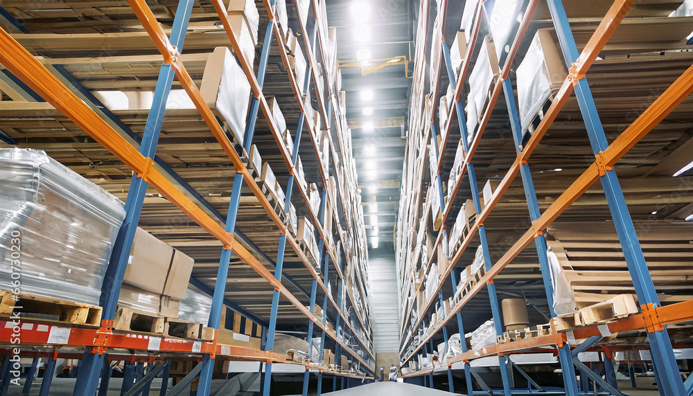 Fototapeta premium Massive distribution warehouse with high shelves and well-lit. Bottom view.