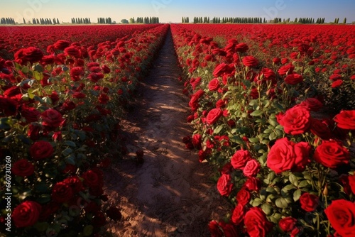 Vibrant red rose field. Generative AI