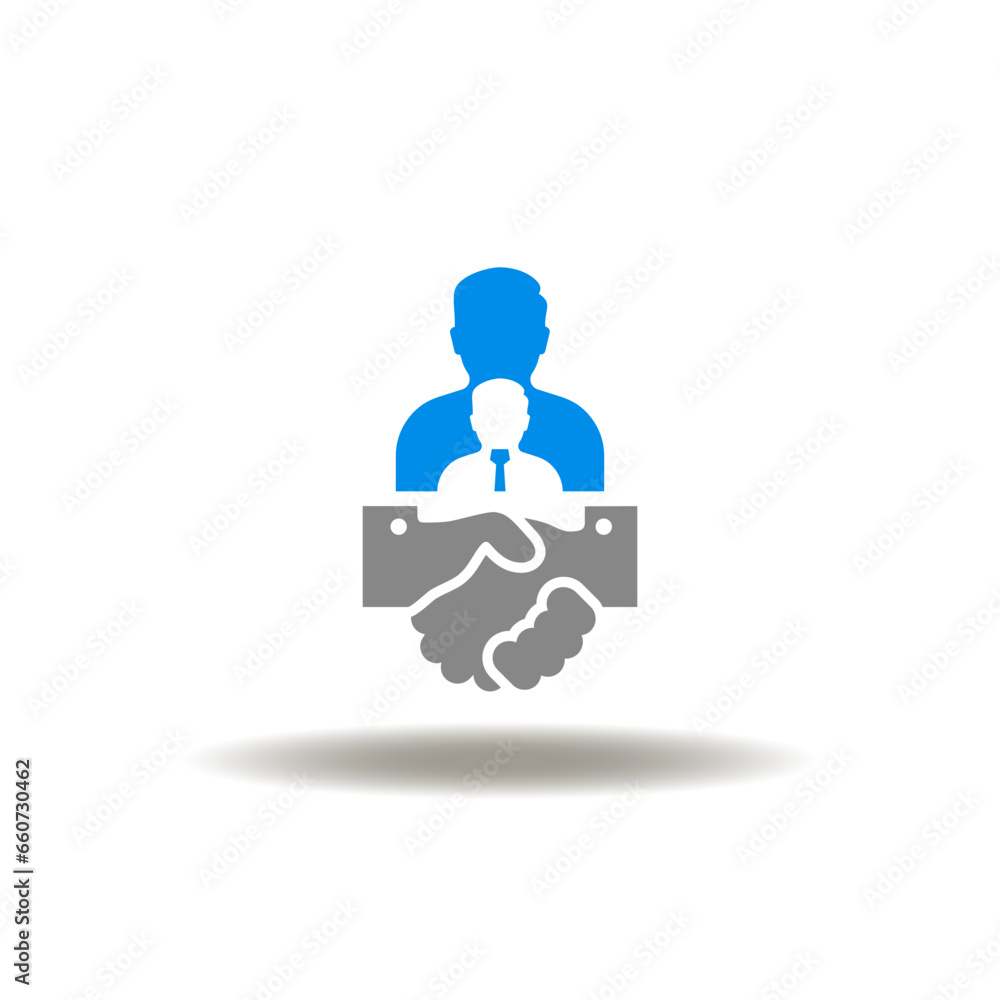 Vector illustration of handshake with business people. Icon of deal, contract, cooperation. Symbol of partnership.