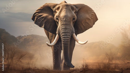 The male elephant stands proudly with his trunk raised