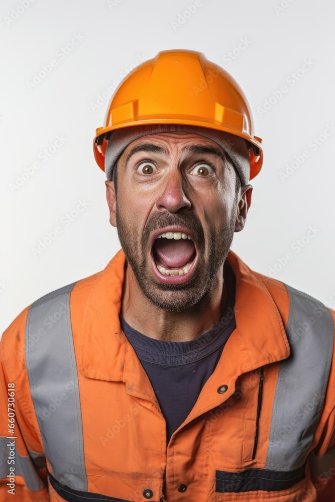 Portrait of man with factory outfit and safety hat shouting against white background. Portrait of man with factory outfit and safety hat shouting against white background.