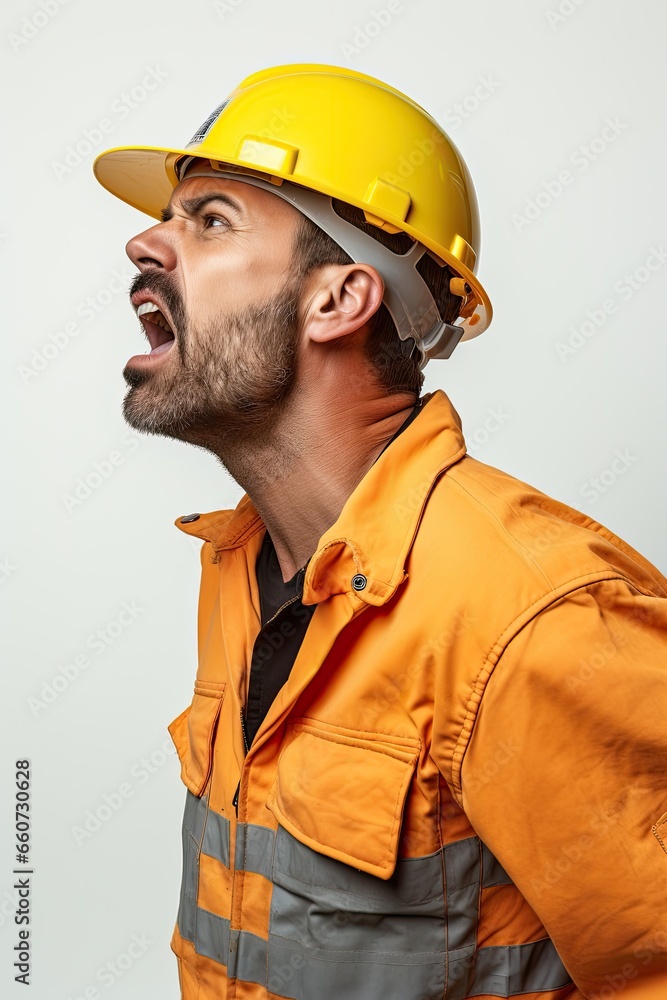 Portrait of man with factory outfit and safety hat shouting against white background.