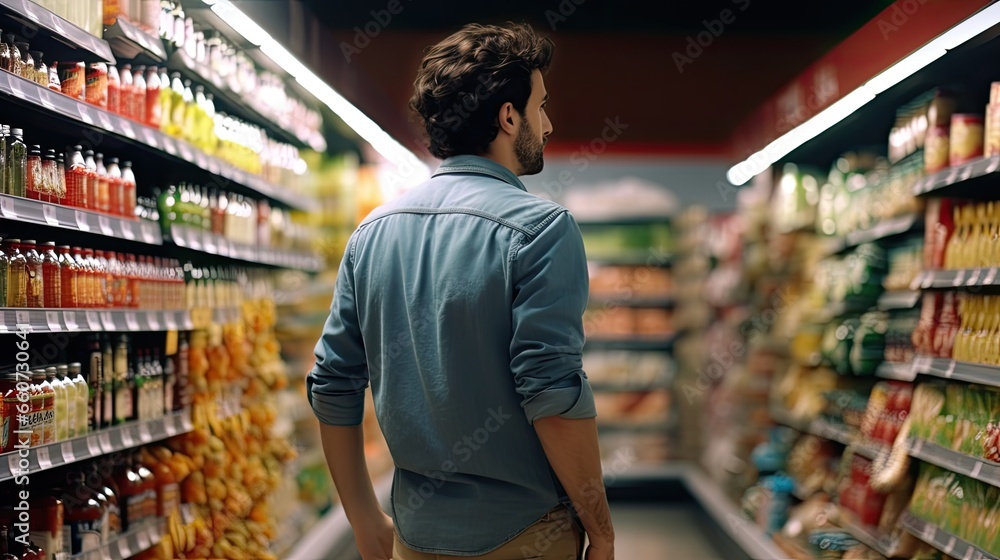 Portrait of single man shopping in the supermarket.